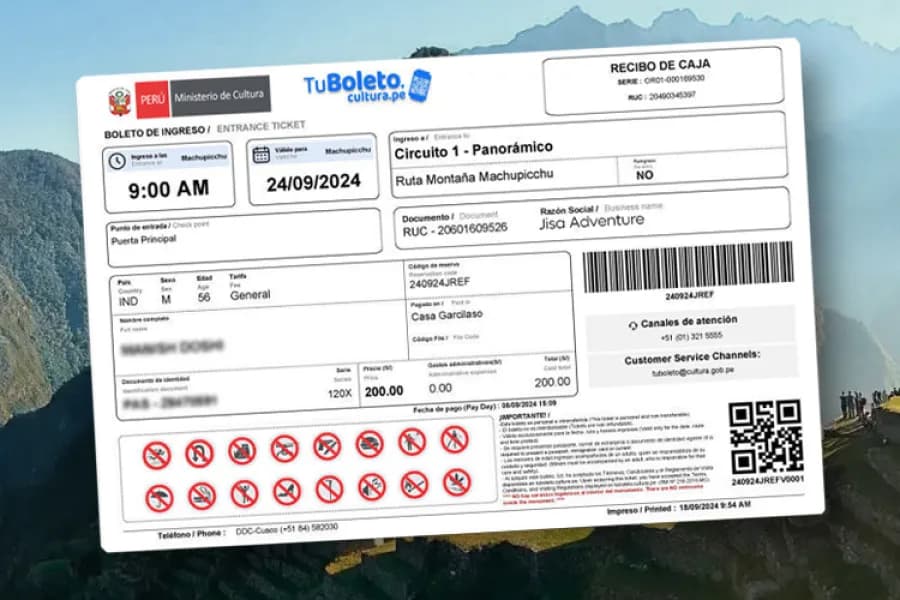 Boleto de ingreso a Machu Picchu con información del circuito, horario y datos de la reserva